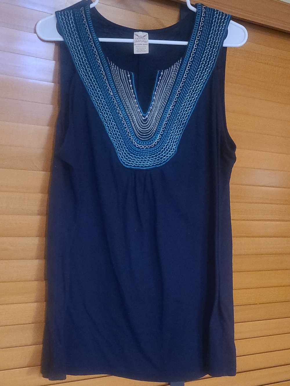 Faded Glory Navy Tank with Blue Embroidered Yoke